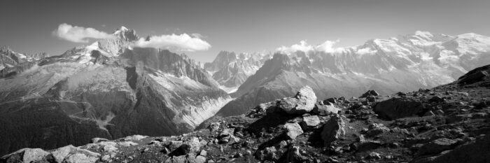 Black and white panorama of the Chamonix Mont Blanc Mountains in the French Alps