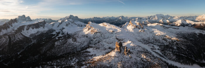 Aerial panorama of the Dolomiti Ampezzane and Cinque Torri in the Italian Dolomites