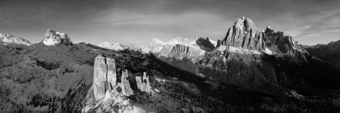 Black and white aerial panorama of the Cinque Torri in the Dolomites, Italy