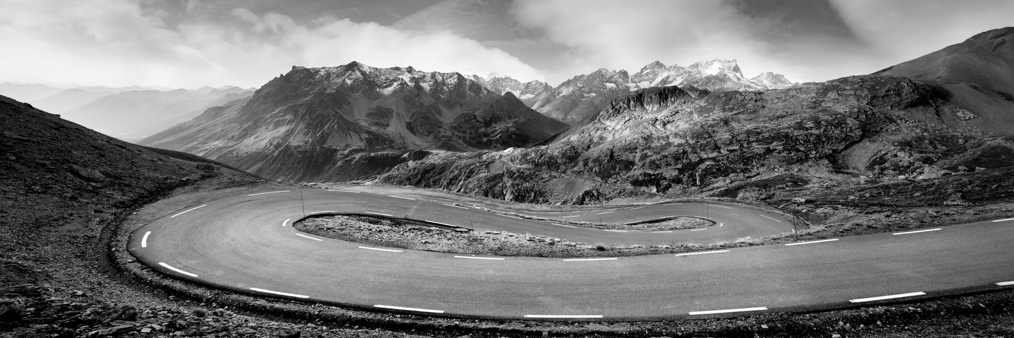 Panorama of the Tour de France route Col Du Galibier in Black and white