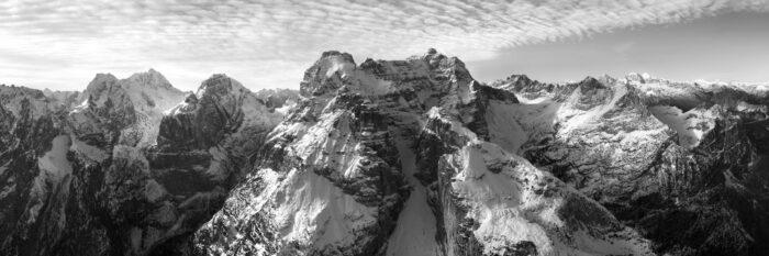 B&W Aerial Panorama of the mountains of Cortina d'Ampezzo and the Gruppo del Sorapiss in the Dolomites, Italy
