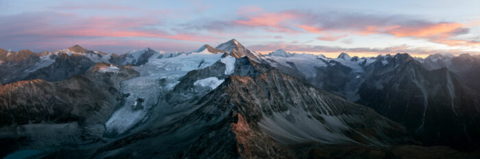 Aerial Panorama of Dent Blanche Mountain and the Moiry Glacier at sunset in Pennine Swiss Alps