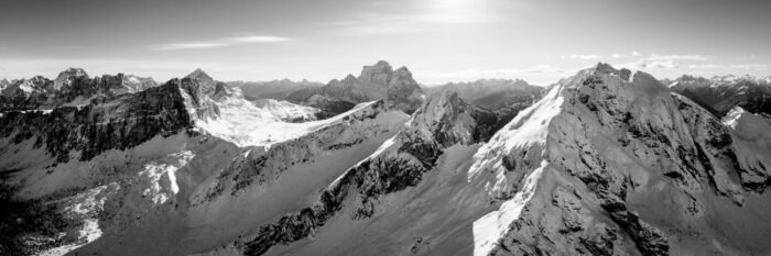 B&W Aerial Panorama of the Forcella Giau along the Passo Giao in the Italian Dolomiti