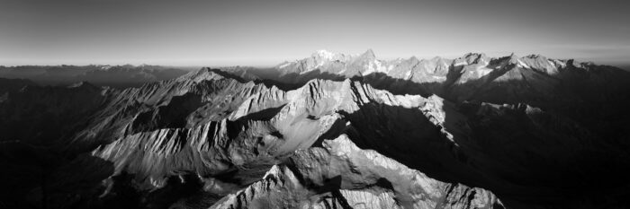 B&W aerial panorama of the Great St Bernard Pass in Italy