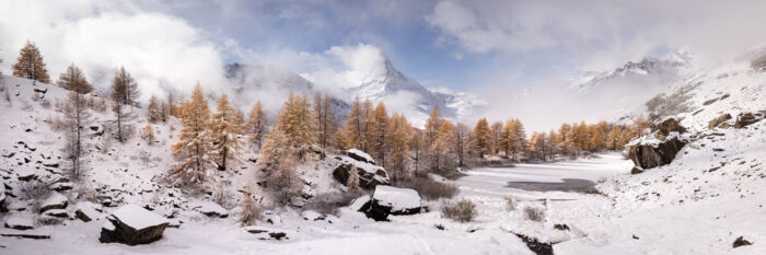 panoramic Print of the Grindjisee Alpine Lake and Matterhorn Mountain in winter and Autumn, Zermatt Switzerland
