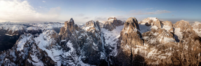 Aerial Panoramic print of the dramatic Dolomite mountains in Italy