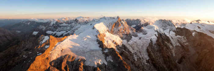 Aerial Panorama of La Meije mountain in the Parc national des Écrins, Alps, France