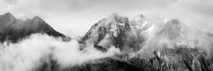 Black and white panorama of La Meije in the Ecrins National Park in the French Alps