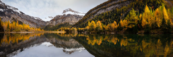 Panorama of Lac de Derborence in autumn in the Swiss Alps