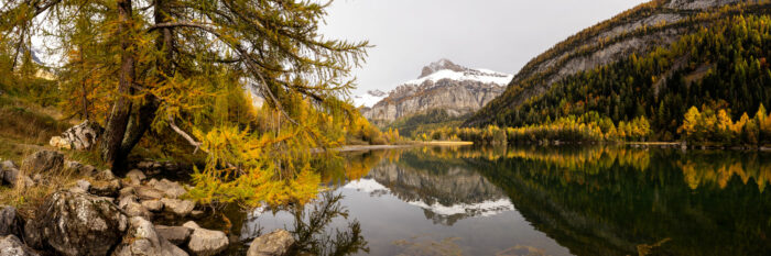 Panorama of Lac de Derborence in autumn in Valais, Switzerland