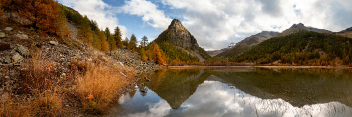 Panorama of Lac des Sagnes in golden autumn colours in the French Alps