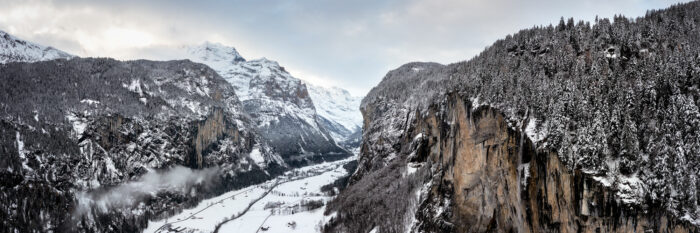 Aerial Panorama of Lauterbrunnen Valley Waterfall in Winter in the. Swiss Alps