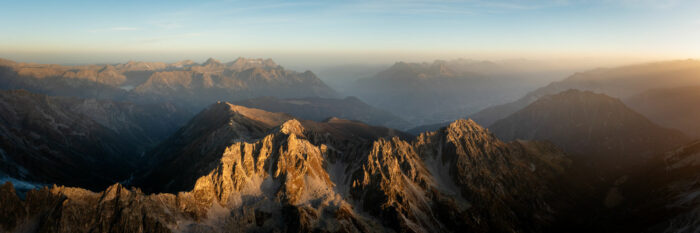 Aerial Panorama of the Val d'Arpette Mountains and Rhone Valley in the Swiss Alps