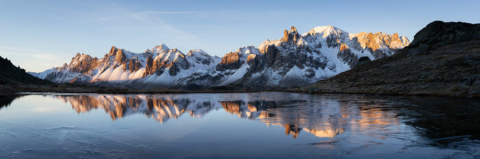 Panorama of the Frozen Lac Long in Vallée de la Clarée in the French Alps