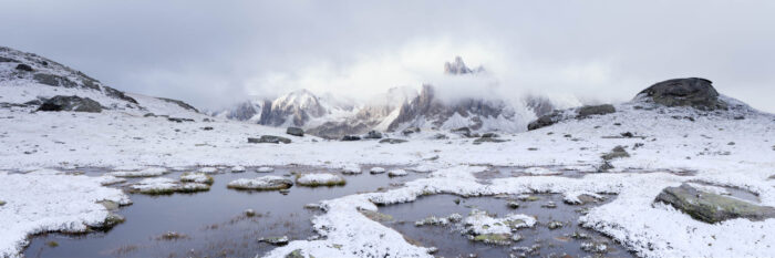 Panorama of the first snow on the Massif des Cerces in the Vallée de la Clarée in the French Alps