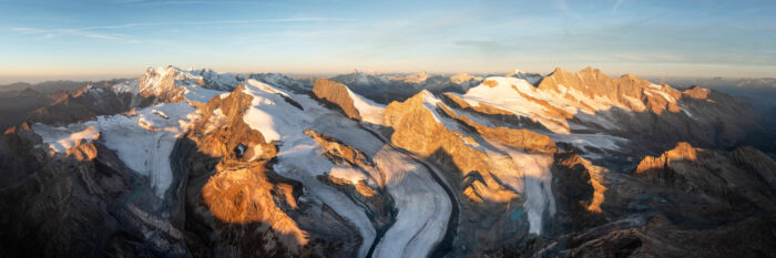 Aerial Panorama of the Fee and Allalin Glaciers of Mischabel Mountain Range in Valais Switzerland