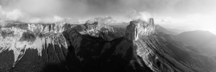 Black and white aerial Panorama of Mont Aiguille along the Vercors Massif in the Alps, France
