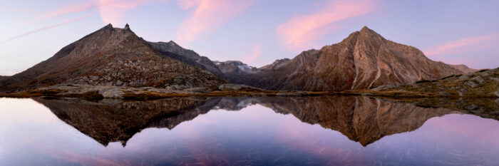 Panoramic print of the Mont Cenis mountains and Lakes in the French Alps at sunrise
