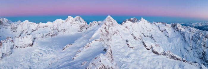 Aerial panorama of the tripoint mountain for Mont Dolent between Switzerland, France and Italy on the Mont Blanc Massif