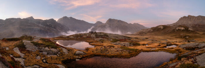 Panorama of Plan du Lac in Vanoise National Park at sunset in the Alps, France