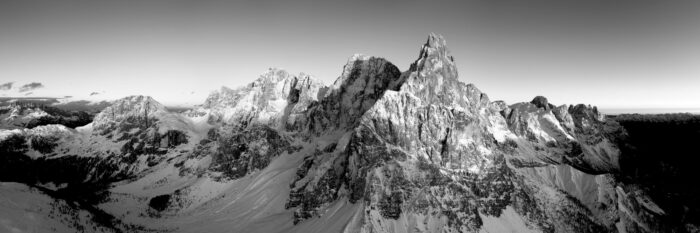 B&W aerial Panoramic print of Punta Rolle mountain on Passo Rolle in Winter in the Dolomites Italy