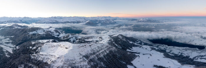 Aerial Panorama of Rigi mountains and lakes in winter in Switzerland