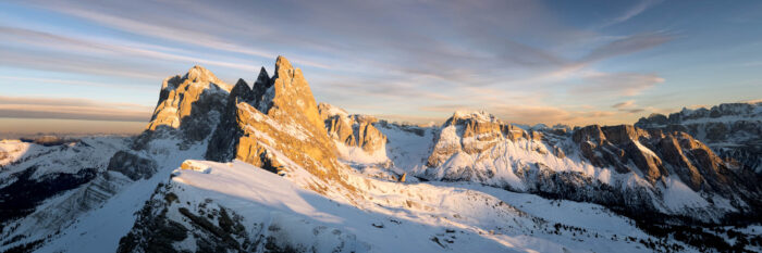 Panorama print of the Seceda Ridgeline in winter at sunset in Val Gardena, Dolomites, Italy