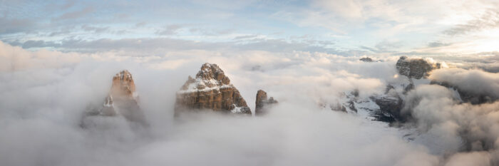 Aerial Panoramic print of the Tre cime di lavaredo lost in the clouds in the Italian Dolomiti