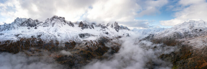 Aerial Panorama of the Vallée de la Clarée during a cloud inversion in Autumn in the French Alps