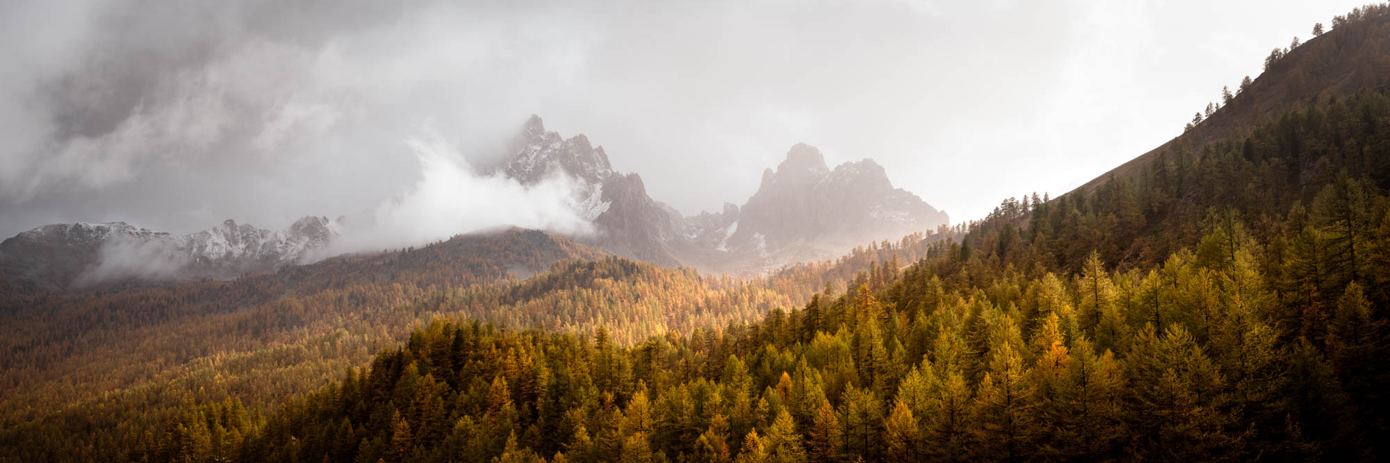 Panorama of the Golden Mountains of Vallée de la Clarée in Autumn in the French Alps