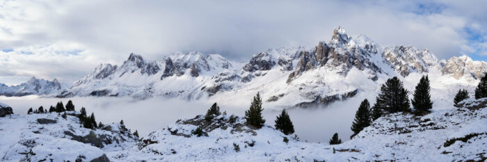 Panorama of Vallée de la Clarée and the Massif des Cerces covered in snow in winter in the French Alps