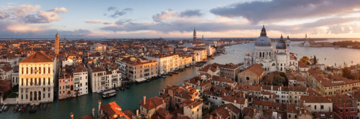 Aerial Panorama of the floating city of Venice in Italy at sunrise