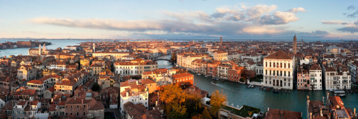 Aerial Panorama of Venice at sunrise in Italy
