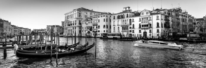 Panoramic print of Gondolas and Water Taxis on the Grand Canal in Venice in Black and white