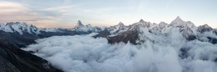 Aerial Panorama of the Zermatt Matter Valley and Matterhorn during a cloud inversion in Switzerland
