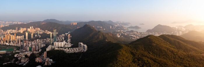 Aerial Panoramic Print of Happy Valley, Deep Water bay and Aberdeen Country Park on Hong Kong Island.