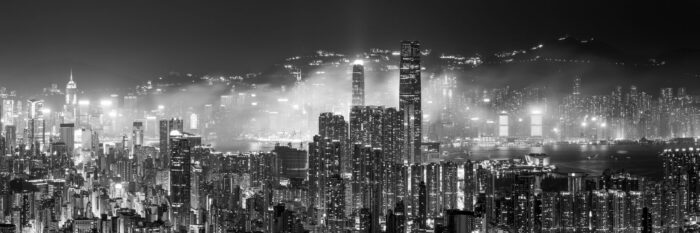 Black and white Panorama of the Hong Kong Skyline at night