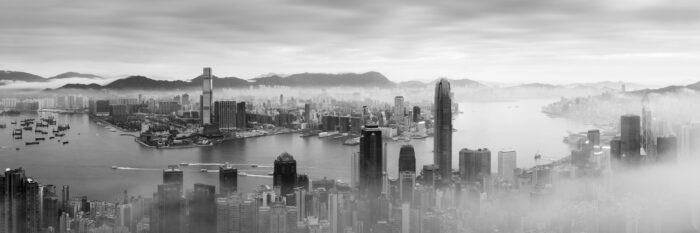 Black and white panoramic print of Hong Kong City from the Peak