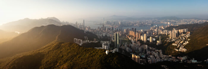 Aerial panorama of the Summits and skyline of Hong Kong in Aberdeen Country Park