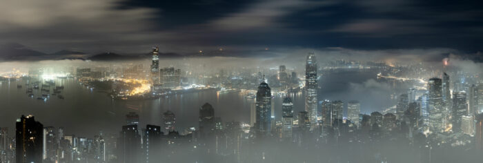 Panoramic print of there Hong Kong Skyline and Harbour at night from the peak