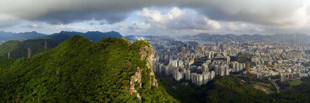Aerial panoramic view of the Lion Rock and City in Hong Kong