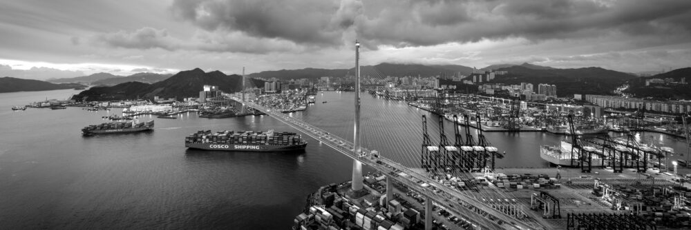 Aerial Panorama of the Stonecutters Bridge and Tsing Yi docks and harbour in Hong Kong