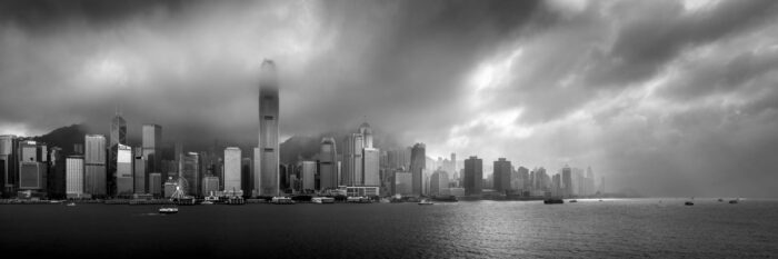 Black and white panorama of Hong Kong Island during a storm