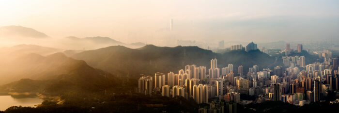 Panorama of Hong Kong on a misty morning from Tai mo Shan mountain