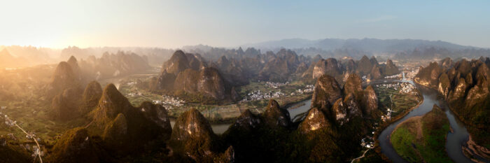 Aerial panorama of the Lijan river flowing through the mountains of Yangshuo in Guilin, China