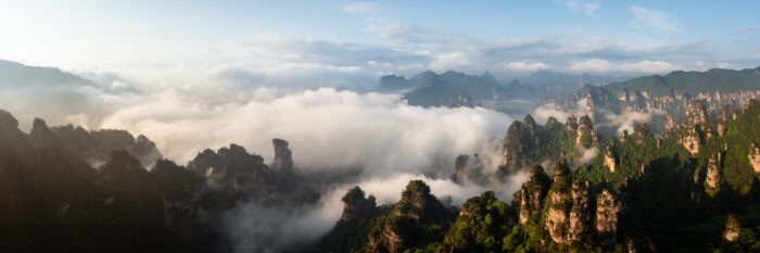 Aerial panoramic print of the Avatar Tianzi mountain pillars in Zhangjiajie national park China