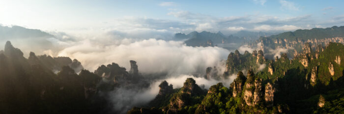 Aerial Panoramic print of Tianishan mountain shrouded in clouds in Zhangjiajie China