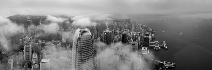 Black and white aerial panoramic print of the IFC and Hong Kiong Island Architecture