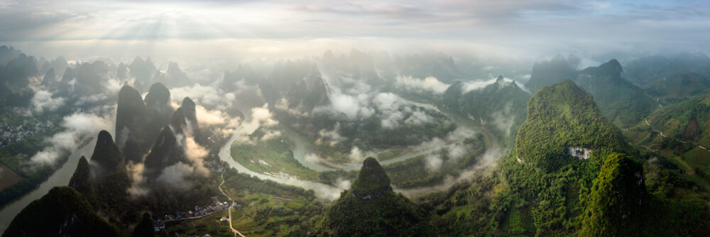 Aerial panoramic print of the Lijang River in Xingping Guilin China