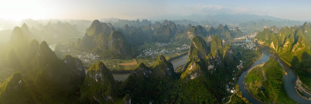 aerial panorama of the River Li winding through Karst mountains in Yangshuo, China